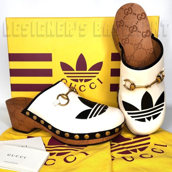 GUCCI x Adidas 38.5EU - 8.5US white Leather Trefoil logo GG platform Clogs shoes - Picture 2 of 14